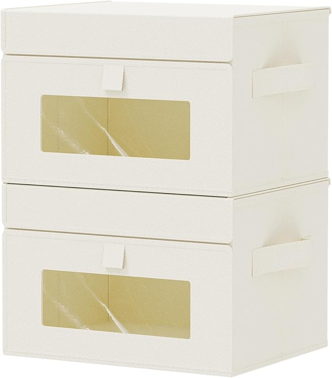 Storage Bins with Lids, Cube Organizer Basket with Window, Closet Boxes with Carrying 2 Handles and Sturdy PP Support Plate, 2 Pack, Beige, 10.2 x 7.9 x 6.7 In, XSNY17BES-2