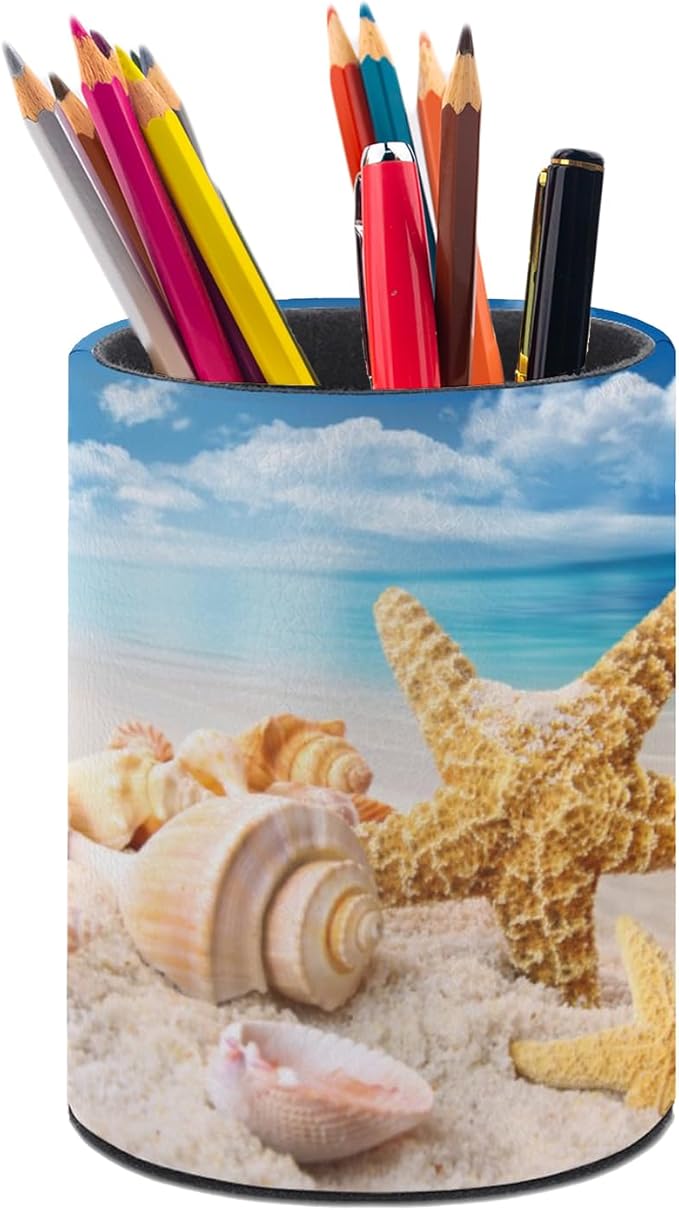 Beach Starfish Seashell Pen Holder Pencil Cup Desk Organizer | Cute Makeup Brush Holder PU Multifunctional Office Suppliesfor Decor Home Classroom School