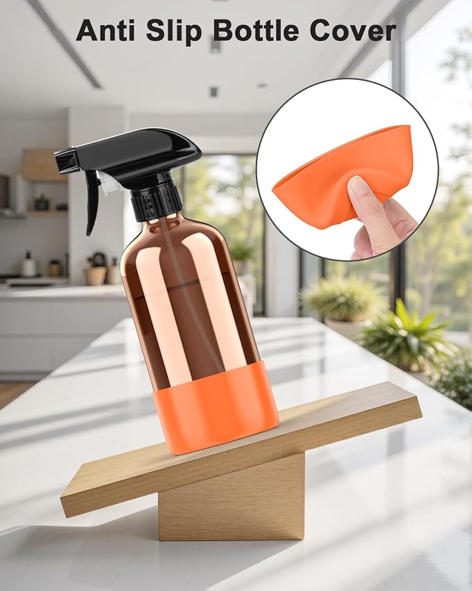 Bontip Amber Glass Spray Bottle with Silicone Sleeve Protection, 16 oz Refillable Spray Bottles for Cleaning Solutions, Plants, Aromatherapy, Facial Hydration (3, Black & Brown & Orange, 16 oz)