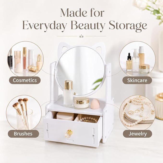 Desktop Makeup Mirror Organizer with Drawers, Compact Vanity Storage Box, Round Mirror, Cosmetic, Skincare and Jewelry