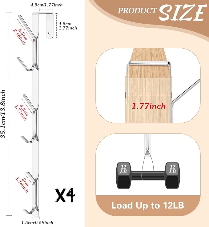 Tandefio 4 Pack 13.8" Over The Door Hook Hanger Comes with 6 Hooks from Large to Small Metal Extra Long Over The Door Hooks Hanger for Hats Rack Coat Scarf Purse Bags Scarf Keys and More (Silver)