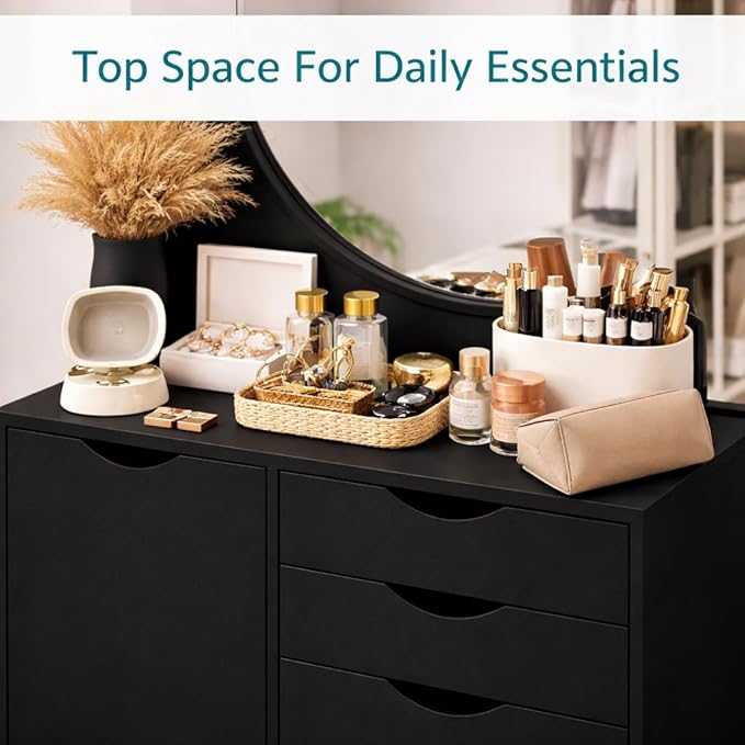 Naomi Home Wooden 5 Drawer Dresser with Cabinet Shelves and Wheels, Drawer Dresser for Bedroom Closet and Dressing Room Storage in Black