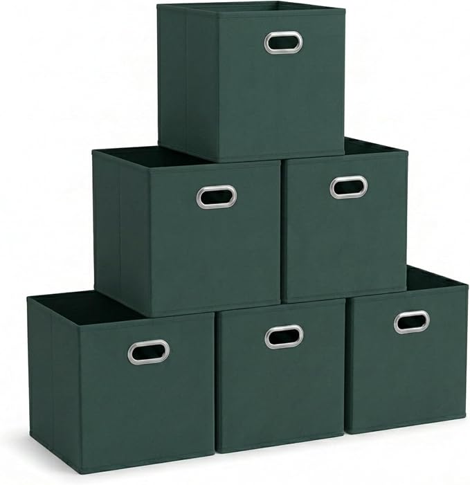 Household Essentials Foldable Fabric Storage Cubes 36-Pack – 11x11x11 Stackable Non-Woven Bins with Chipboard Sides & Grommet Handles – Closet, Shelf, Nursery, or Office Organizer – Dark Green
