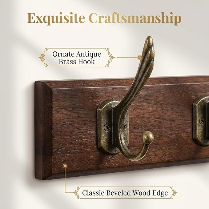 Wall Mounted Coat Rack with Solid Wood, 7 Bronze Metal Hooks – 27.56 Inch Rustic Brown Entryway Organizer for Hanging Coats, Hats, Jackets, Scarves, Bags, for Hallway, Bedroom, Bathroom（7Hooks）
