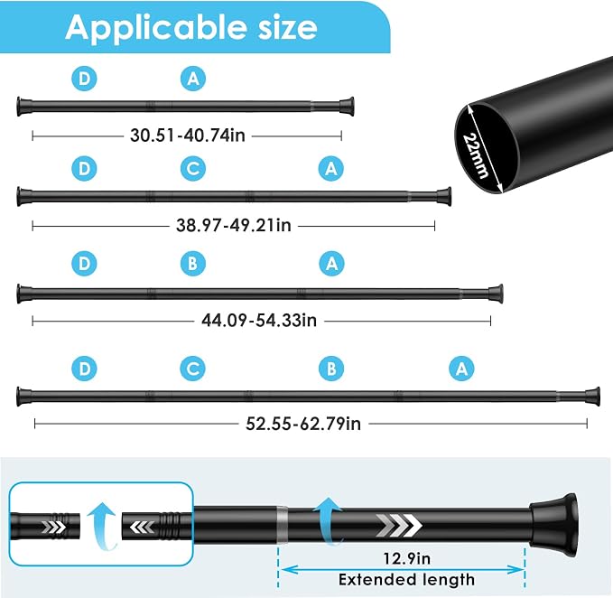 2Pcs Tension Curtain Rod 31 To 63 Inch Black Shower Curtain Rod No Drilling Adjustable Spring Loaded Curtain Rods 7/8"Diameter Shower Rods For Bathroom Windows Bedroom Closet Doorway Door