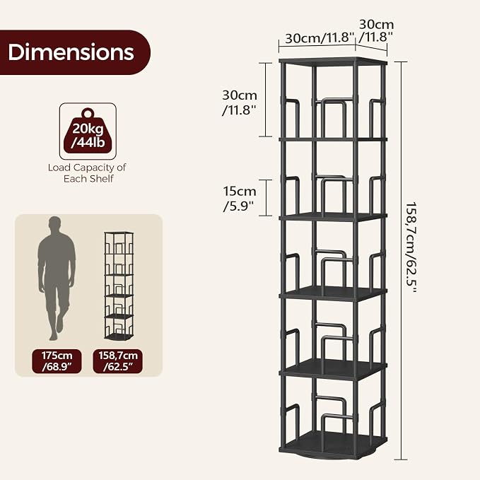 MAHANCRIS 5-Tier Rotating Bookshelf, Freestanding Corner Bookshelf, 360° Spinning Bookcase, Industrial Style Storage Rack with Rails, for Living Room, Bedroom, Study, Black BKBK1601