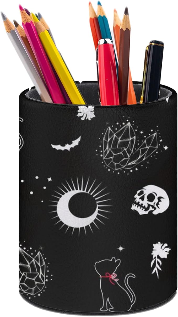 Gothic Skull Cat Moon Pen Holder Pencil Cup for Desk Organizer | Cute Makeup Brush Holder PU Multifunctional Office Suppliesfor Decor Home Classroom School