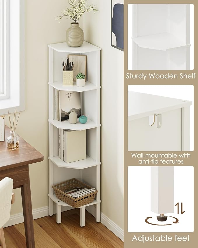 Corner Shelf, 5 Tier Corner Bookshelf, Display Corner Shelf Stand with Storage Rack, Wall Corner Bookshelf for Living Room, Bedroom, Office, White