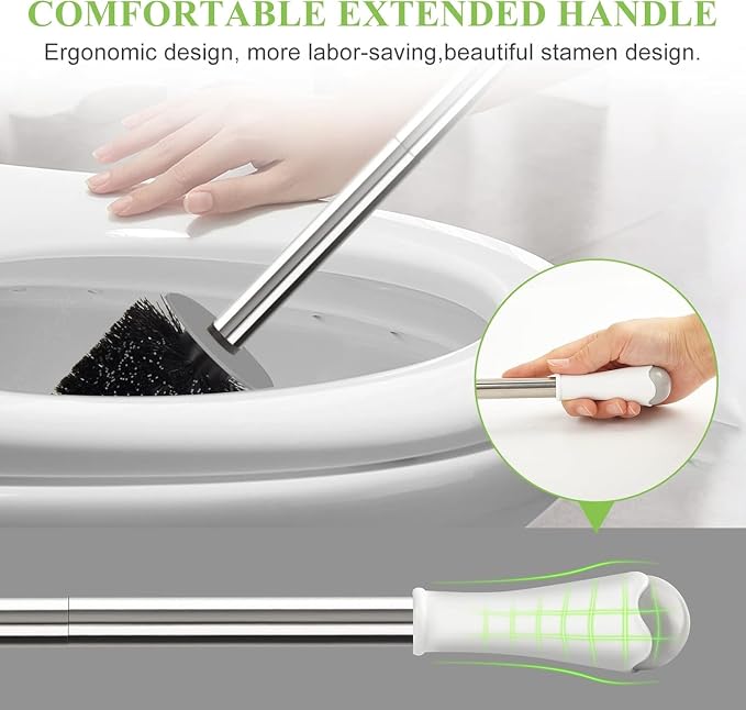 Toilet Brush and Holder Set, 3 Pack with Stainless Steel Handle Toilet Bowl Brush, Compact Toilet Scrubber Brush for Deep Cleaning Bathroom Restroom, Easy to Assemble White & Gray