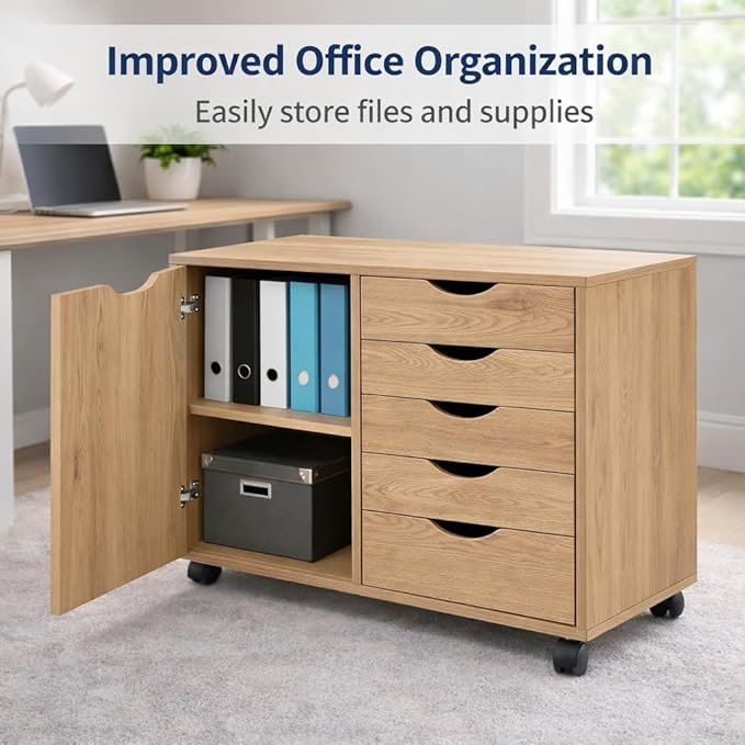 Naomi Home Wooden 5 Drawer Office File Cabinet with Shelves and Wheels, Mobile Storage Cabinet with Drawers for Home Office, Ideal for Under Desk or Printer Stand Use in Natural