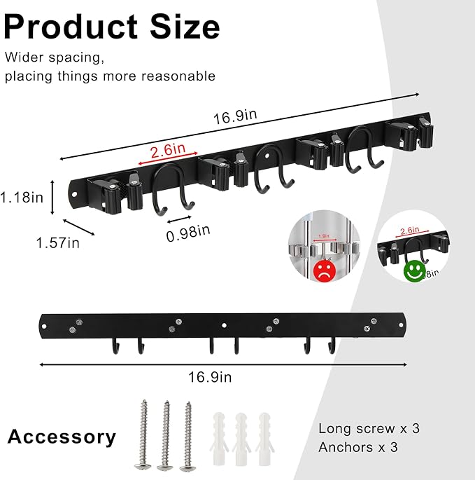 Broom Holder Wall Mount, Stainless Steel Mop Hanger with 4 Slots 6 Hooks, Tool Storage Wall Organizer for Kitchen Garden Garage Laundry Room Bathroom and RV, Black 1-Pack