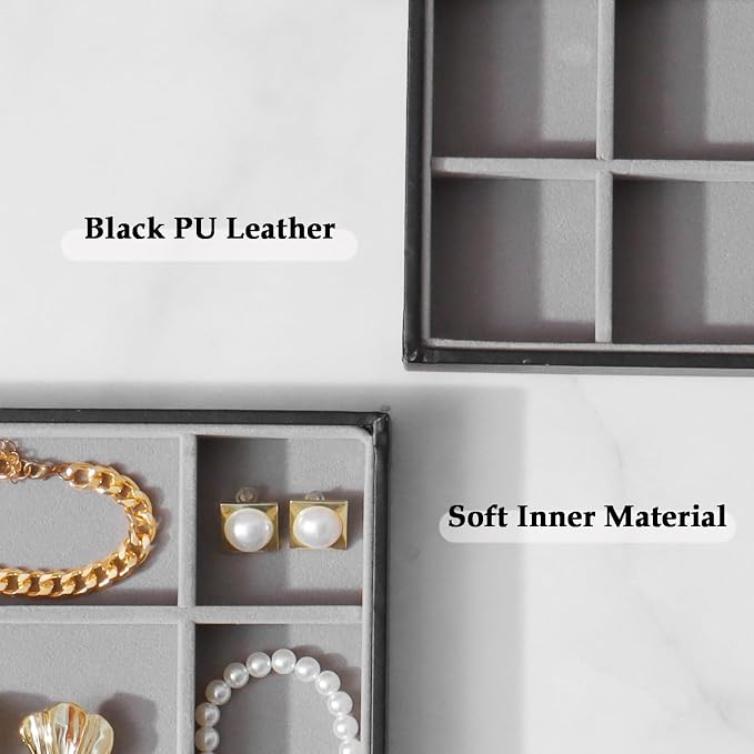 Large Jewelry Organizer Tray 2 Pack, Stackable Jewelry Storage Holder for Drawer Inserts, PU Leather Velvet Jewellery Display Case for Earring Bracelet Necklace Ring (Black Gray, 24 Grids)