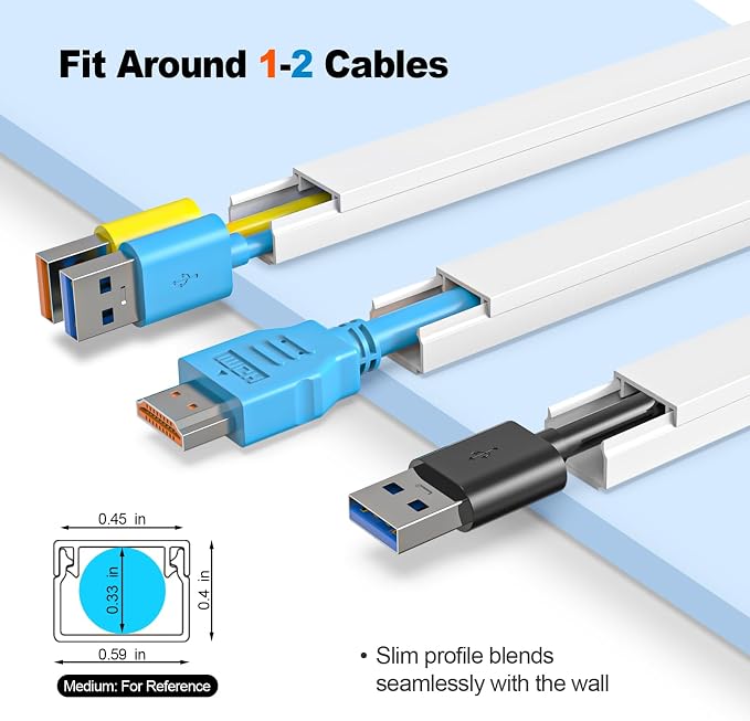 112in Cord Hider Kit, Cord Covers for Wires on Wall, Premium One-Cord Cable Hider, Paintable Cable Raceways, Self-Adhesive Wire hiders for TV, 8×L14in×W0.59in×H0.4in, White