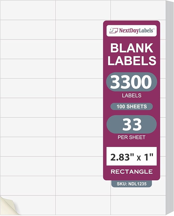 NextDayLabels 2.83x1 Inch Rectangle Stickers White Blank Labels for Laser Inkjet Printer - 33 Per Sheet Self-Adhesive Address Mailing Barcode Made in USA - 3300 Labels