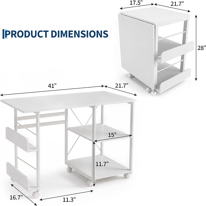 Garvee Folding Desk with Wheels, 31.5" Foldable Computer Desk with Storage Shelf, Space Saving Rolling Home Office Desk for Small Spaces, Portable Writing Table with Side Organizer, White