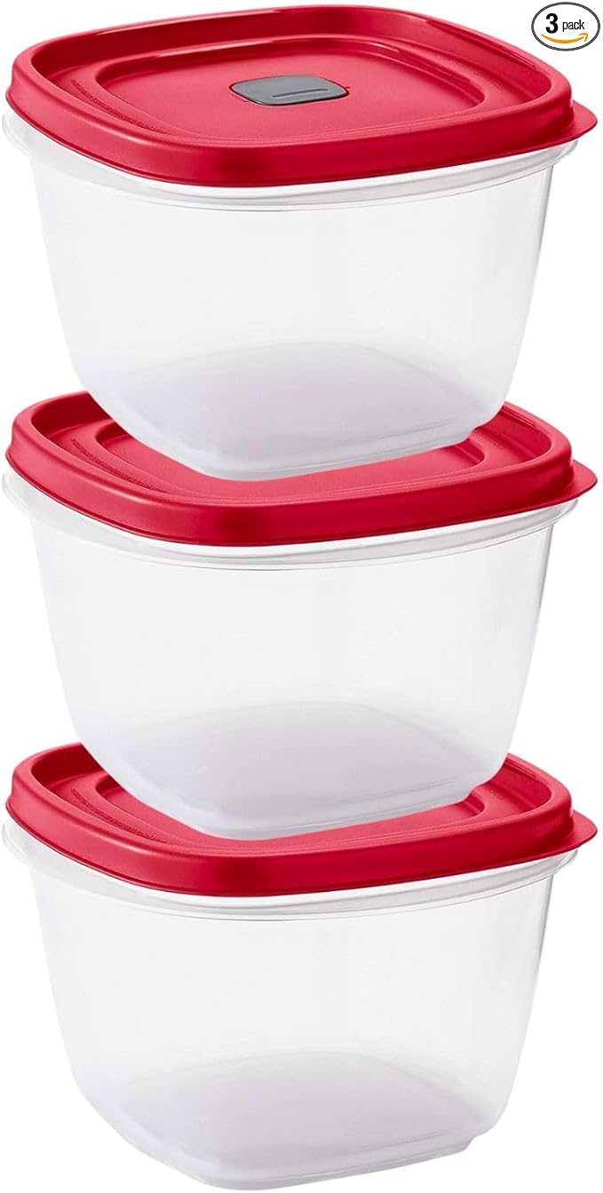 Tribello BPA-Free Plastic Food Storage Set, Red Vented Lids - Microwave, Dishwasher Safe: Perfect for Meal Prep, Leftovers, and Kitchen Organization (3 x 7-Cup)
