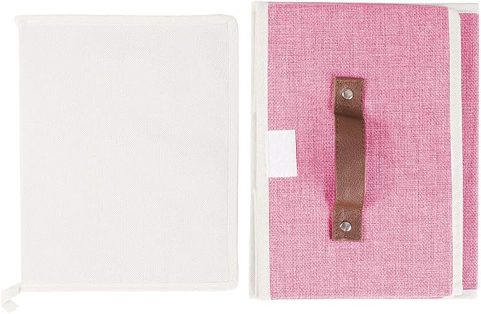 2Pack Storage Bins Boxes with Lids 10" x 8" x 7" Decorative Storage Baskets | Cotton Linen Fabric, Collapsible, Faux Leather Handles, Storage Cubes, Closet Shelf Clothes Organizer Container, Pink