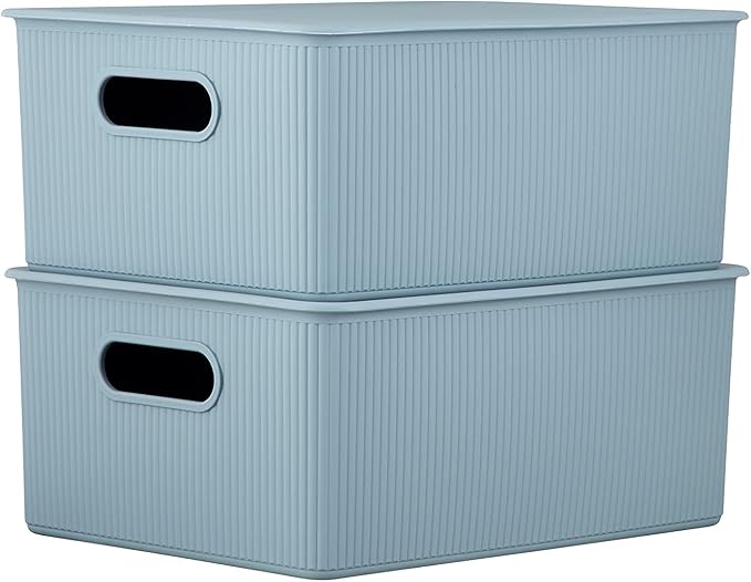 Superio Ribbed Collection - Decorative Plastic Basket Open Home Storage Bins Organizer, Blue Container Boxes for Organizing Closet Storage Bins for Shelves (Bin with Lid- Large (15 Liter), 1 Pack)