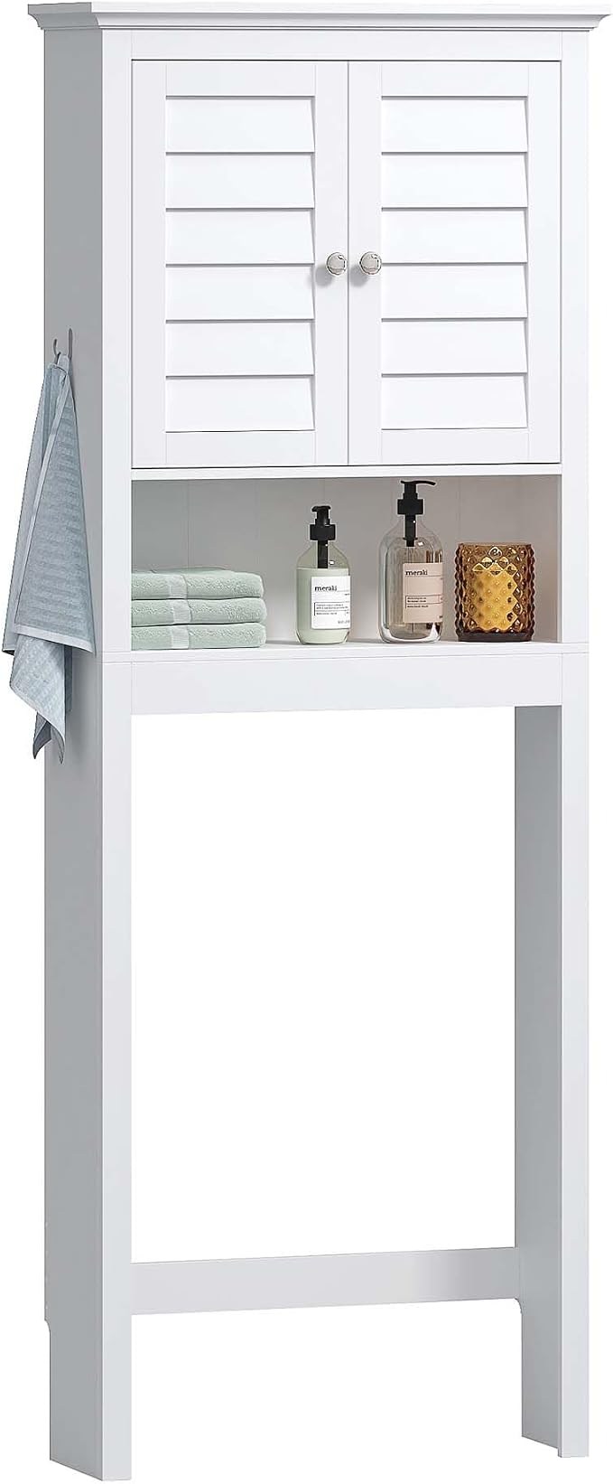 Spirich Over The Toilet Storage Cabinet with Louvered Doors & Hooks, White | Space-Saving Bathroom Organizer, Adjustable Shelf & Bottom Crossbar, 34.4-Inch Clearance, Anti-tip Device, FSC-Certified MDF