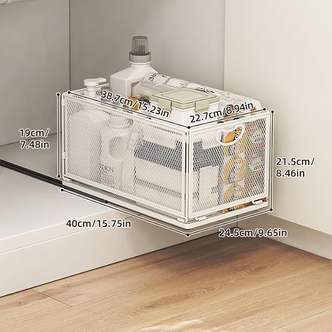 GC Sliding Cabinet Basket Organizer Drawer Self Adhesive Slide out Pantry Shelves Heavy Duty Carbon Steel Slide Cabinet Storage Basket with Handle for Bathroom Kitchen