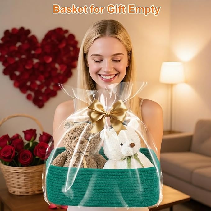 Small Storage Baskets for Organizing, Woven Storage Bins for Shelves, Gift Basket Empty, Cute Decorative Closet Organizer, Baby Rope Basket, Dog Toy Storage, 11x7.5x4.5”, 3Packs Green