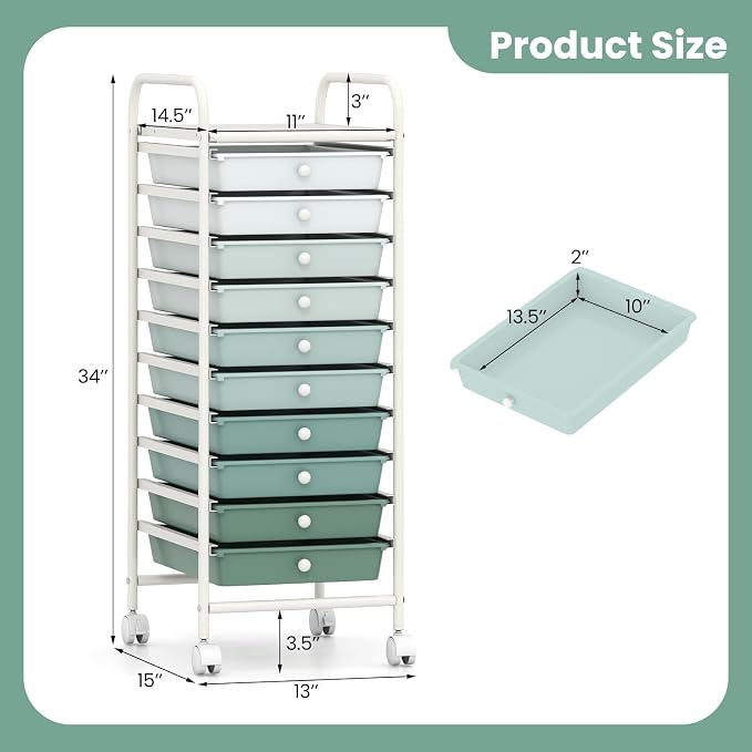 GOFLAME 10-Drawer Rolling Storage Drawer Cart, Utility Cart with Removable Drawers & Metal Frame, Mobile Art Craft Drawer Cart with Lockable Wheels for Home, Office, Studio, School, Green Gradient