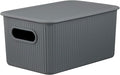 Decorative Plastic Basket Lidded Home Storage Bins Organizer Baskets, Medium Grey (1 Pack - 5 Liter) Stackable Container Box, for Organizing Closet Storage Bins for Shelves - Ribbed Collection