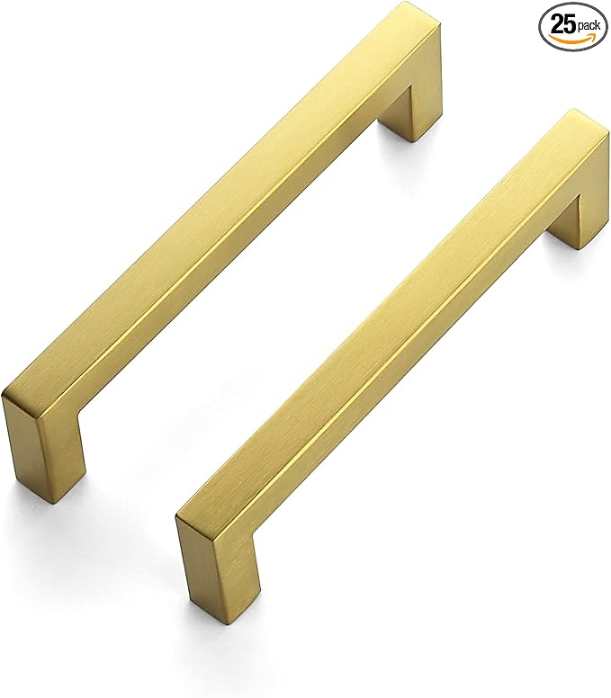 Ravinte Brushed Brass Square Cabinet Handles Drawer Pulls,5 Inch,25 Pack | Screws Included, Stainless Steel, Square Bar Grip, Easy Install, Kitchen Cabinet Hardware, For Cupboards, Drawers, Dressers