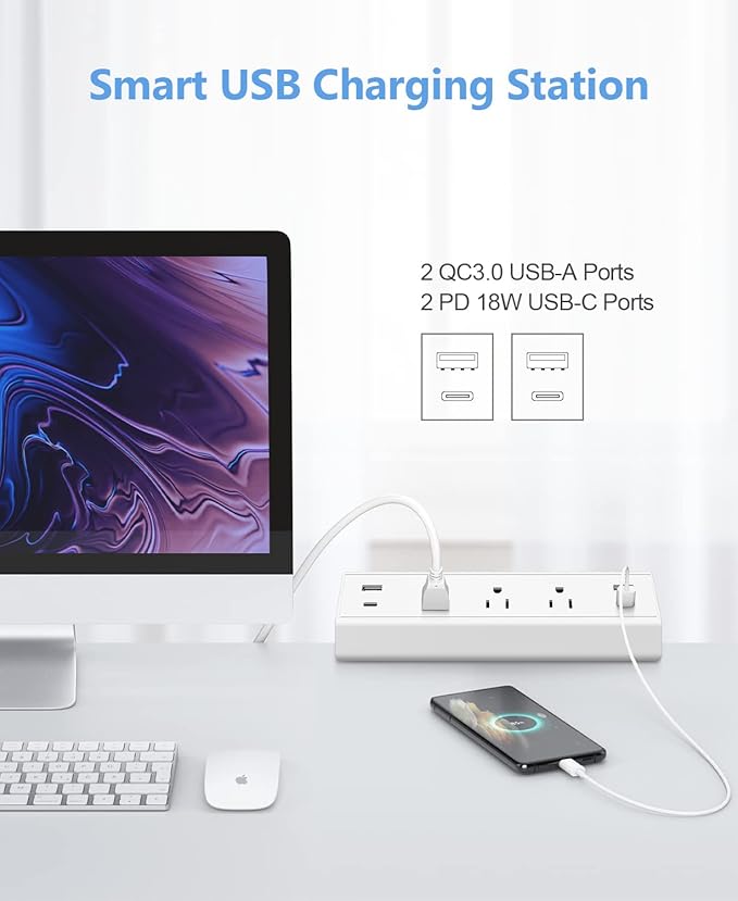 Jgstkcity Desk Clamp Power Strip,40W Total Fast Charging Station,2 PD 20W USB C Ports,Desk Edge Mount Surge Protector for Home, Office,3 Outlets,Fit 1.96" Tabletop Edge,ETL Listed,White | 2 PD 20W USB C Ports, 3 Outlets, Desk Edge Mount, Fit 1.96" Tabl...