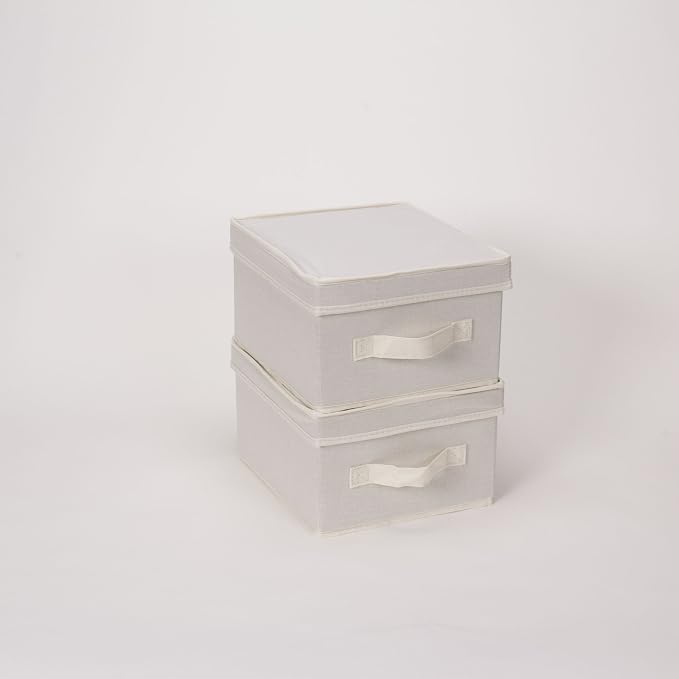Household Essentials 111 Storage Box with Lid and Handle - Natural Beige Canvas - Medium,Natural Trim (Pack of 2)