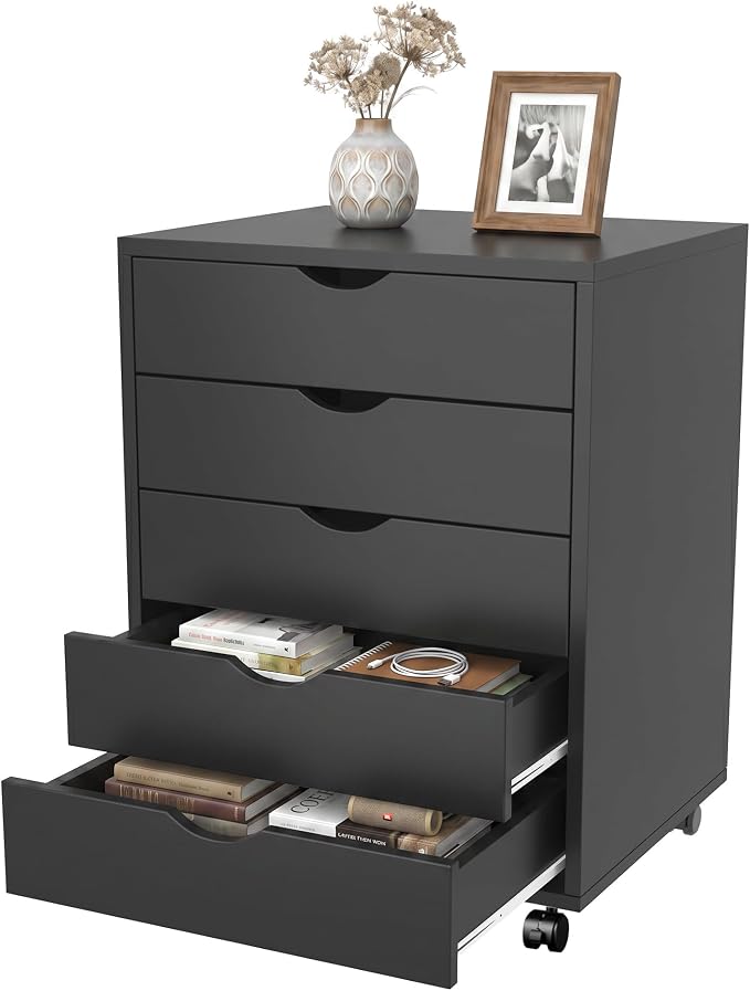 5 Drawer File Cabinet with Wheels, Under Desk Storage Drawers, Black | 5 Drawers File Cabinet with Wheels for Under Desk Storage, Office Organization and Small Printer Stand