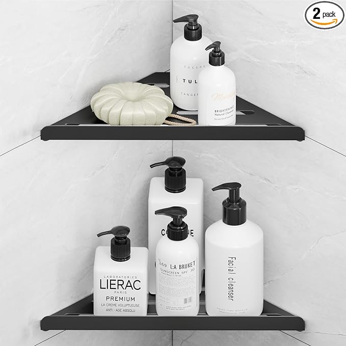Fikoksol Shower Caddy Storage, Triangle Corner Shelf with Adhesive Glue | Metal Bathroom Shelf Storage, Adhesive or Screw Wall Mounted Corner Shower Rack, Black Rustproof Bath Organizer Accessory