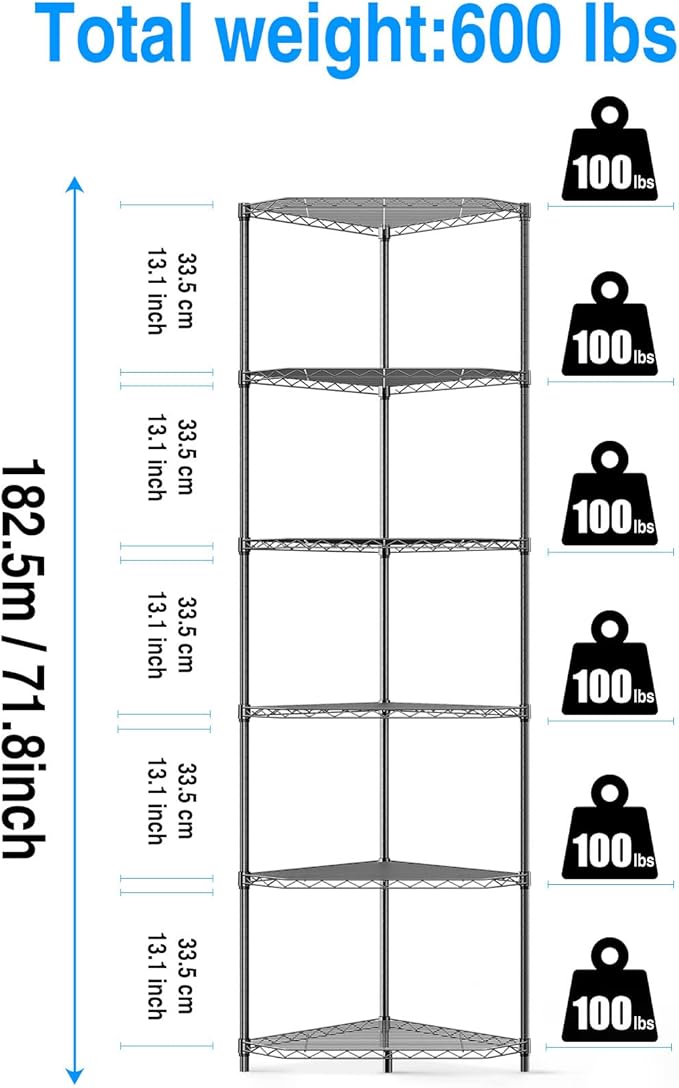 6 Tier NSF Metal Shelf Pentagonal Corner Wire Shelving Unit, 600lbs Capacity Heavy Duty Adjustable Storage Rack with Shelf Liners for Kitchen Garage Office Etc Room Corner, 72"H x 20"L x 20"D - Black