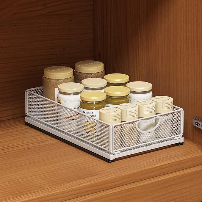 Pull out Cabinet Organizer Fixed with Adhesive Nano Film Heavy Duty Slide out Pantry Shelves Drawer Storage under sink organizer Sliding Mesh Cabinet Basket with Handle for Kitchen (Extended Small)