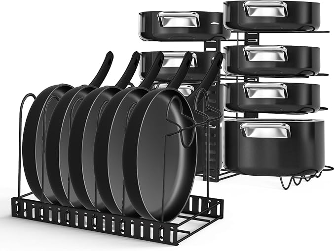 COCIVIVRE Pot and Pan Organizer, 8 Tiers Pot Lid Organizer, Adjustable Pots and Pans Organizer Under Cabinet with 3 DIY Methods for Kitchen Cabinet Cookware Organizers and Storage