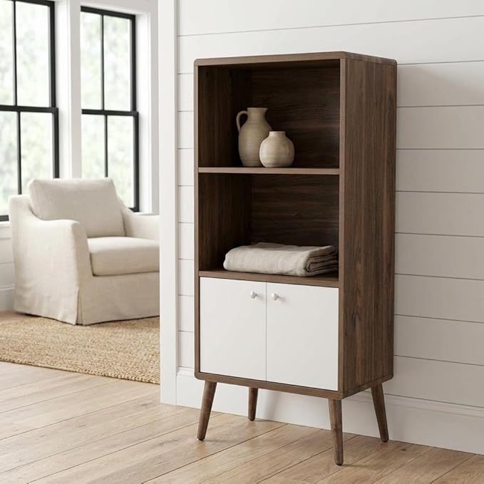 Furnifact Walnut White Display Cabinet Bookshelf with Modern Design, Ample Storage Space, Durable Construction, and Elegant Finish for Living Room, Office