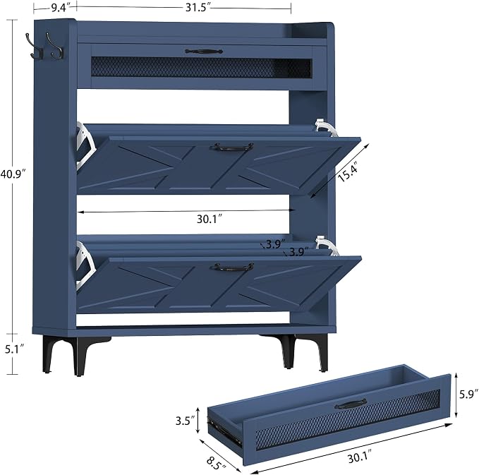 TEENFON Shoe Cabinet with 2 Flip Drawers & Top Drawer, Farmhouse Narrow Shoe Storage Cabinet with Adjustable Shelves & Hooks, Freestanding Hidden Slim Shoe Rack Cabinet for Entryway, Hallway, Blue