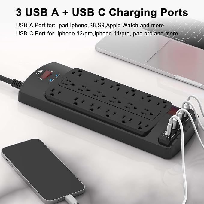 Surge Protector Power Strip, Yintar 6 Feet Flat Plug Heavy Duty Extension Cord with 18 Widely Outlets and 4 USB Ports, 2100 Joules, ETL Listed, Black
