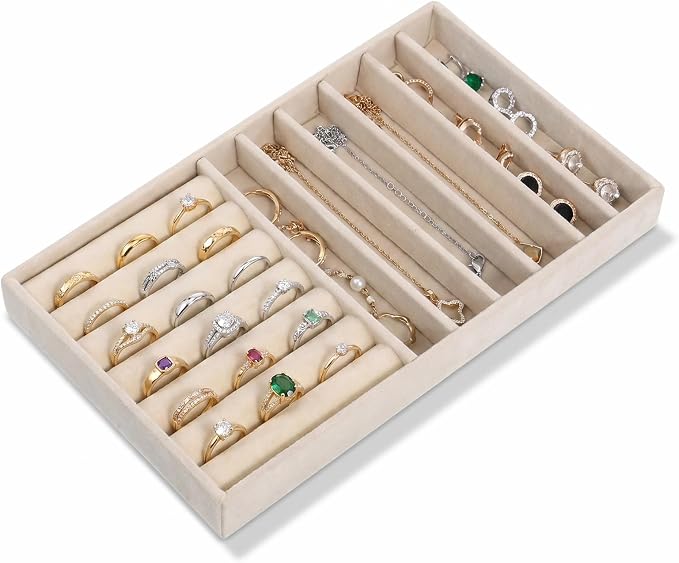 Stackable Velvet Tray Jewelrys Storage Organizers Jewelry Box Insert Organizer for Drawer Jewelry Drawer Organizer Inserts Ring Earring Stud Necklace Holder Display Storage Case (Beige, 8.3 x 4.9in)