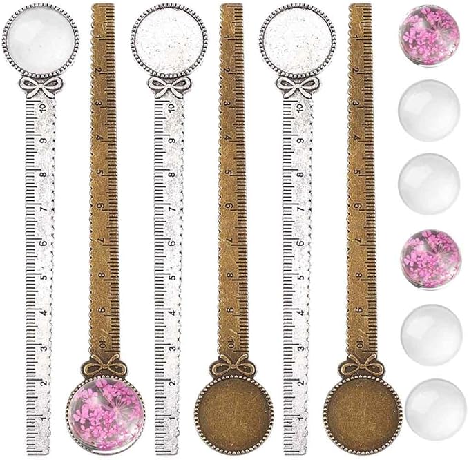 SUNNYCLUE 12Pcs DIY 6 Sets Antique Bronze Bookmark Silver Ruler Bookmarks Set Colorful Dried Flowers Glass Flat Back Cabochons Bookmark Blanks Bezel Tray Vintage Book Marks Making Kit for Reading