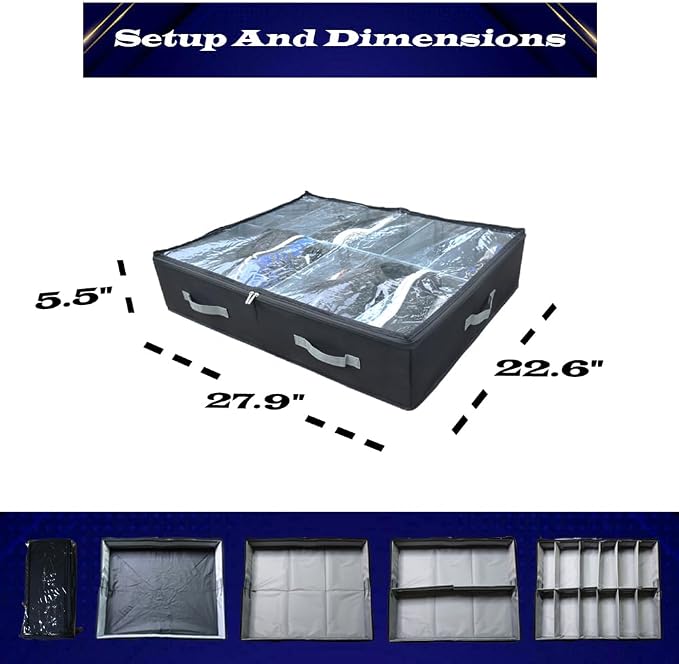 Under Bed Shoe Storage, A Sturdy Closet and Under Bed Storage, Multi-Functional Storage Organizer Solution,with Clear Silk PVC Cover and Adjustable Dividers.
