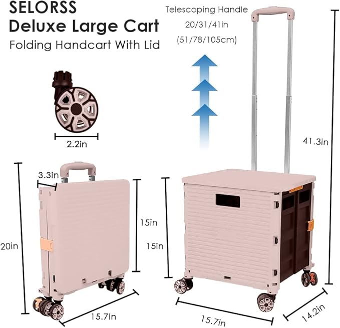 SELORSS Foldable Utility Cart Portable Collapsible Crate Rolling Carts with Wheels Rolling Tote Basket Teacher Cart with Lid Wear-Resistant 360°Rotate Wheel Noiseless for Shopping Storage Office Use