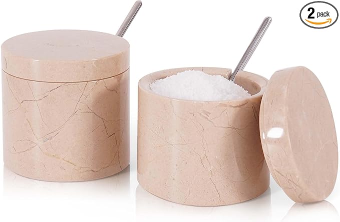 Marble Salt Cellar 3 Inch Beige Salt Shakers Set for Kitchen, Salt Containers for Countertop, Sugar Bowl With Lid, Salt Holder, Spice Jars for Seasoning Storage, Salt Box