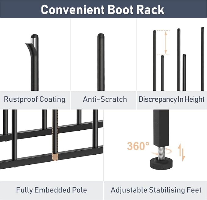 DIMJ Boot Rack 4-Tier - Black Metal Boot Storage Rack for Tall Boots Organizer Tall Boots, Multiuse Shoe Rack for Boots, Sneakers, High-Heel, Entryway, Fit for 6 Pairs, Black