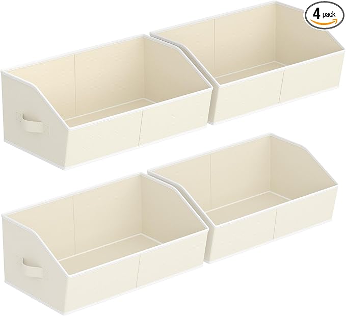 Homsorout Storage Bins for Shelves - Large Trapezoid Closet Shelf Organizer, Fabric Organization Bins with Handles, Storage Baskets for Clothes, Towel, Purse, 4 Pack, Beige