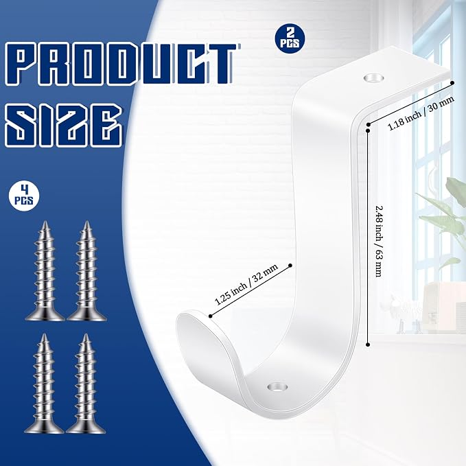 Hicarer 2 Pcs 1.25 Inch Closet Rod Brackets Heavy Duty Metal Wall Mount Rod Brackets with Screws Closet Pole Support for Living Room Bedroom Shelf Office(White)