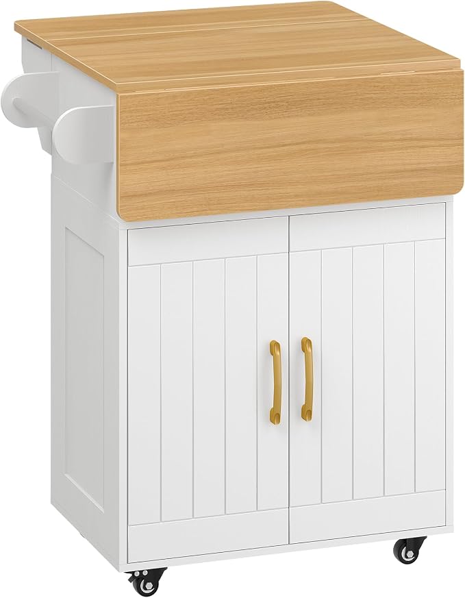 MAHANCRIS Kitchen Island on Wheels, Rolling Island Cart with Drop Leaf, Mobile Kitchen Island with Storage, Kitchen Island Table with Adjustable Shelf and Hooks, for Kitchen White and Natural KIBN9801