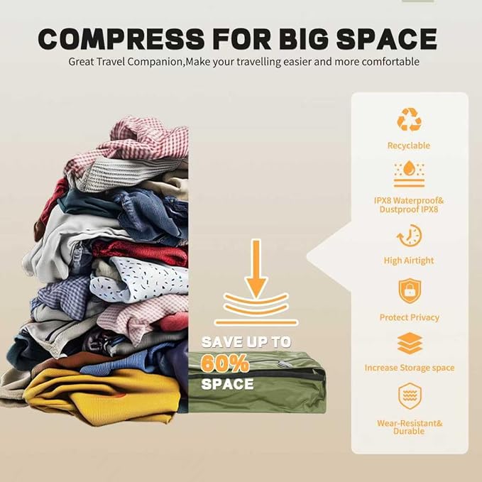 EULANT Travel Vacuum Bags,IPX8 Waterproof Vacuum Compression Bag | Vacuum Bags for Travel Carry-On Suitcase & Travel Backpack,Space Saver Bags Packing Organizers
