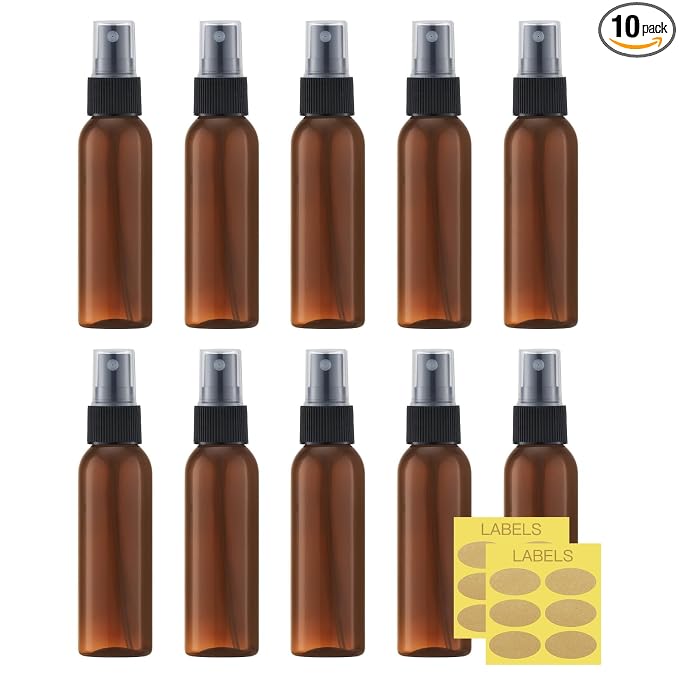 LISAPACK 2oz Small Spray Bottle (10 Pack) Plastic Mini Fine Mist Atomizer, Tiny Sprayer for Travel Perfume, Cologne, Alcohol (Brown, 60ml)