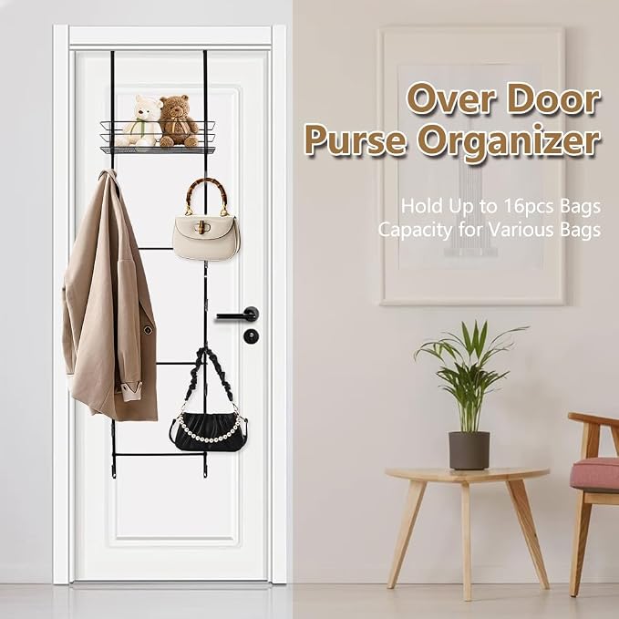 Over The Door Purse Organizer, Hanging Purse Organizer | Wall-Mounted Handbag Storage Rack with 16 Hooks & Metal Basket, Space-Saving 2-in-1 Bag Rack for Door, Closet